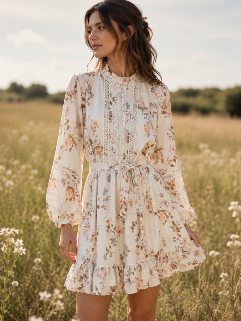 Eilly Bazar Floral Lace-Panel Tie-Waist Long Sleeve Dress in Ivory